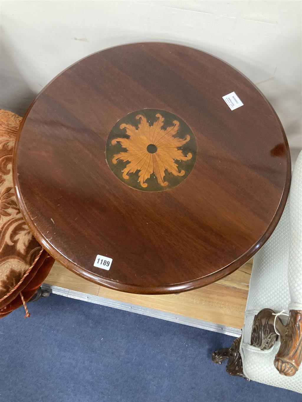 A George III mahogany and later inlaid circular topped tea table, c.1780, diameter 60cm, height 64cm